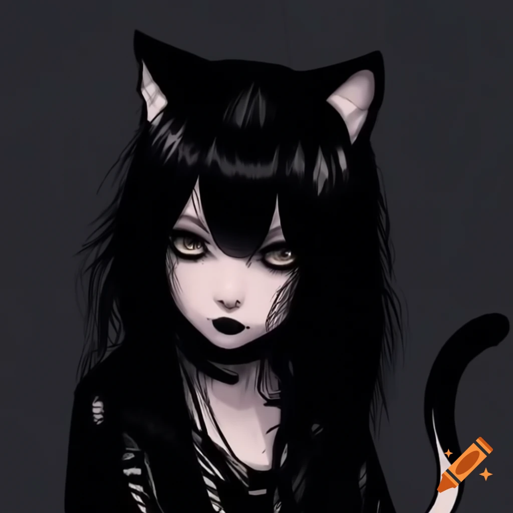 Anime character design of young woman with cat ears and tail in emo style