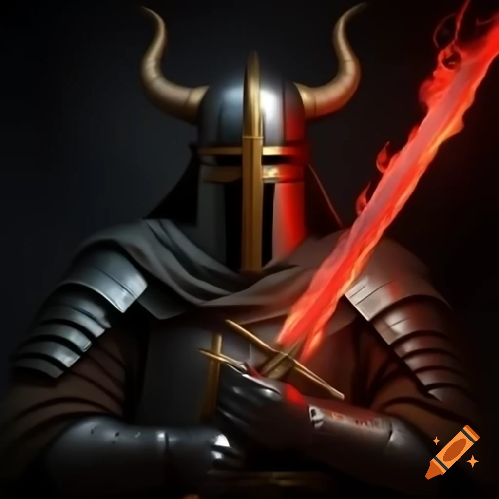 Crusader with red flame sword and medieval shield, wearing Templar Knight brass helmet with horns