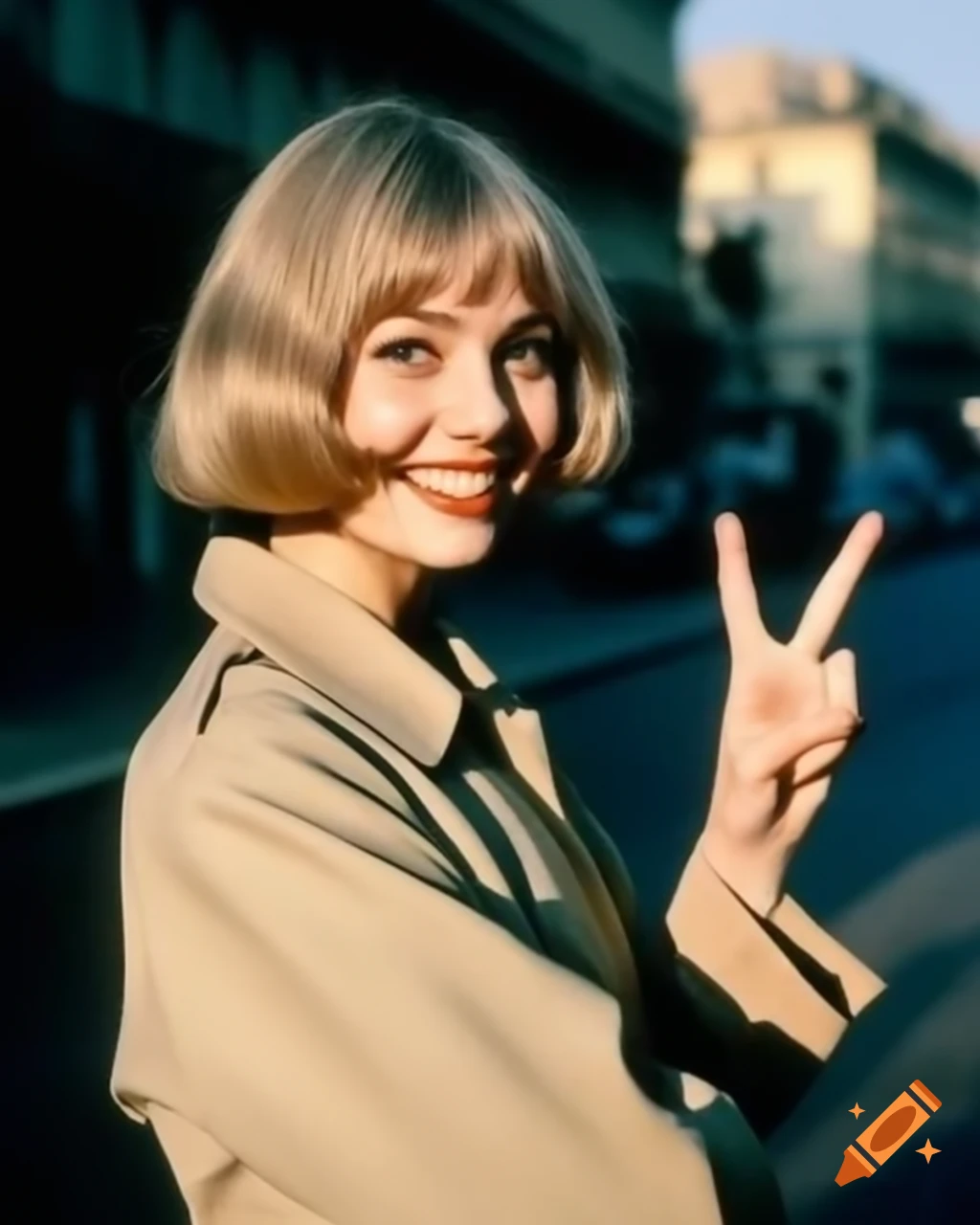 Award-winning vintage photo of actress with retro hairstyle making peace sign