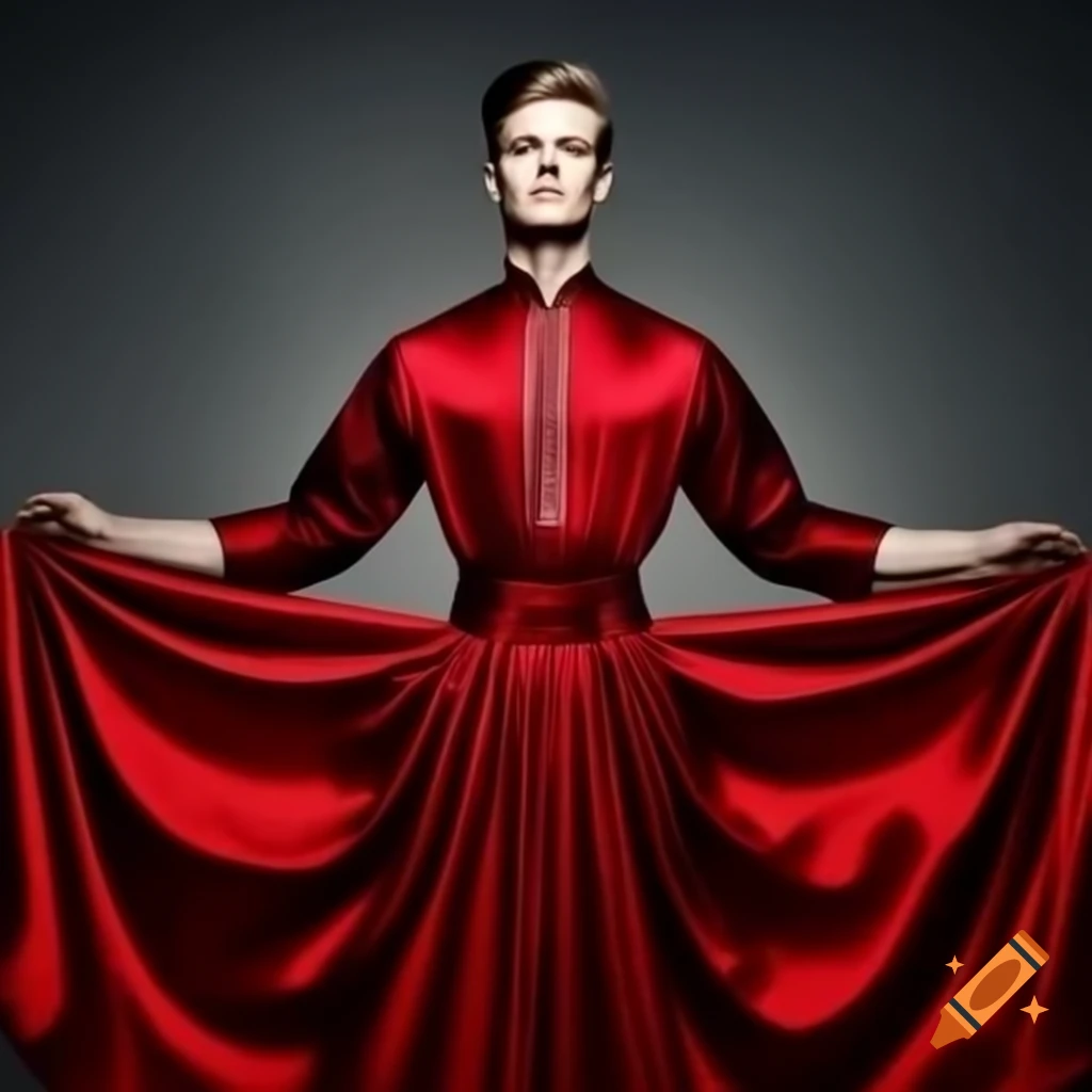 Handsome young man in red satin floor-length dress with high collar and long sleeves