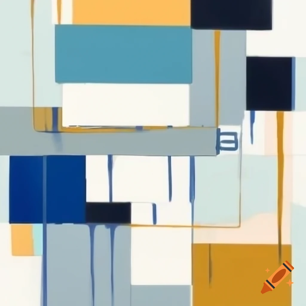 Abstract acrylic painting with bright colors and intersecting rectangles in blue, white, gray, and gold