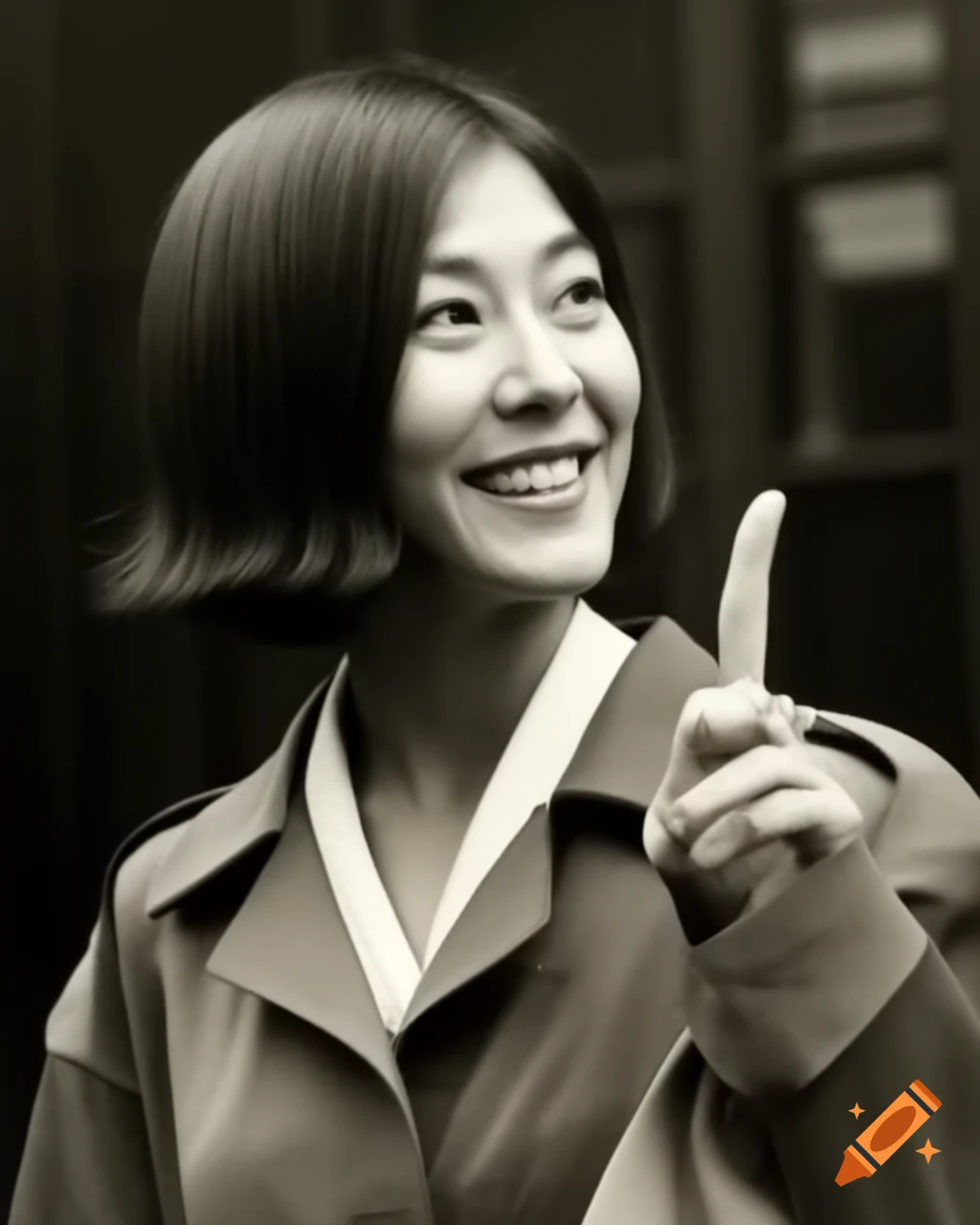 Vintage photo of famous Japanese actress from 1960 French movie making peace sign