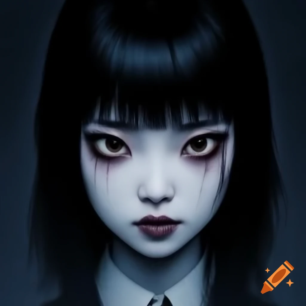 Hyper realistic depiction of eerie character inspired by Junji Ito's Tomie with large eyes in dark background
