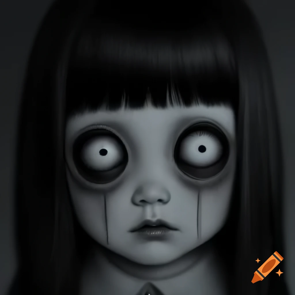 Eerie character inspired by Junji Ito's Tomie with large eyes in dark setting