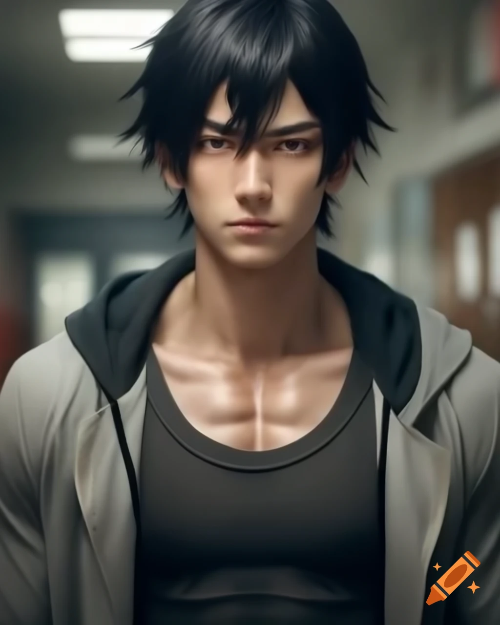 Realistic anime male character with black hair in casual attire against school background