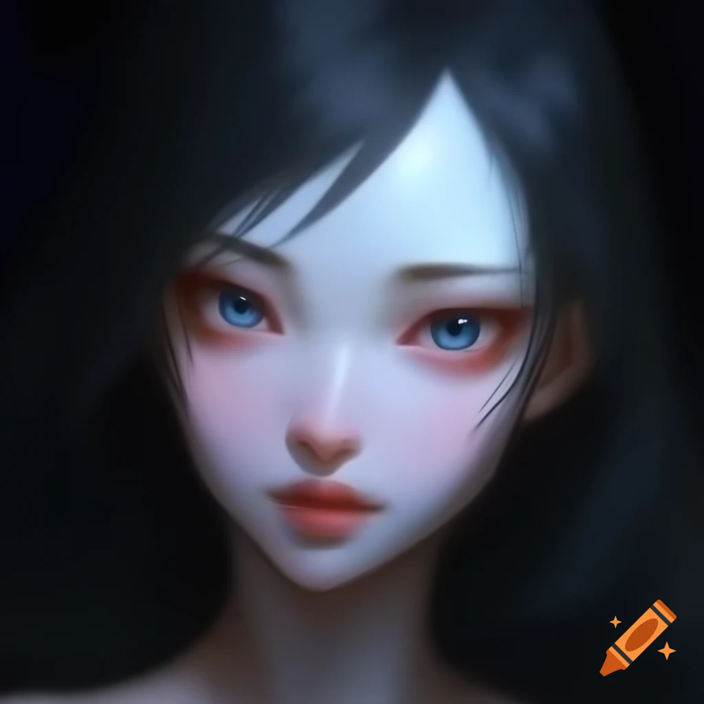 Professional oil painting of a pale creature with dark hair and blue eyes in evocative light