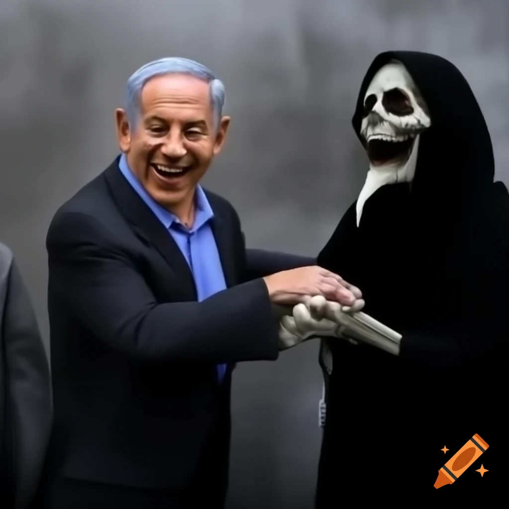 Benjamin Netanyahu laughing alongside grim reaper