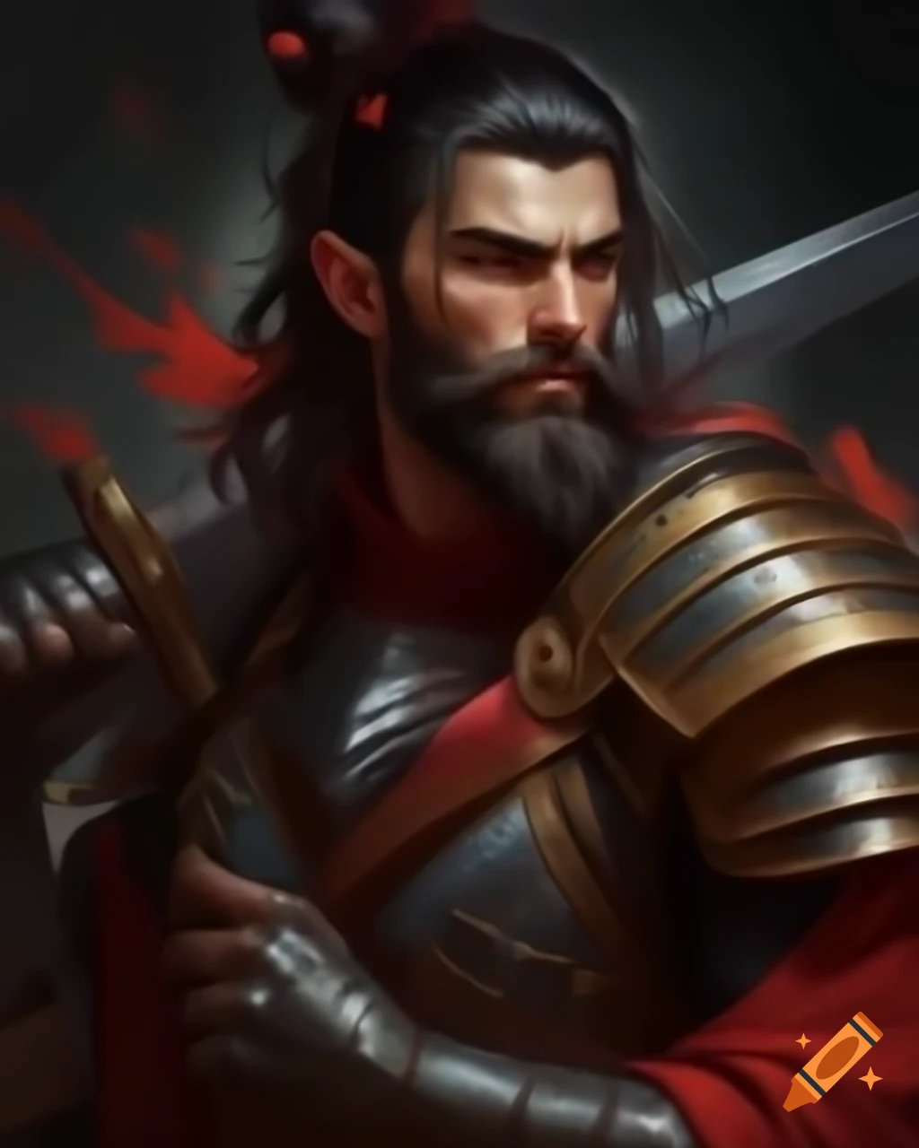 Handsome young adult male in fantasy steel armor with red highlights and long black hair, holding a sword and shield