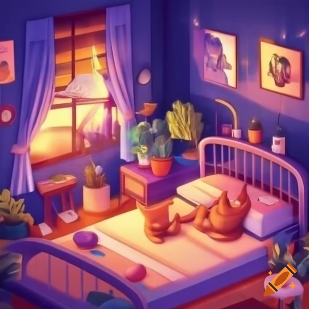 Cute kitten waking up in a colorful bed with morning sunlight
