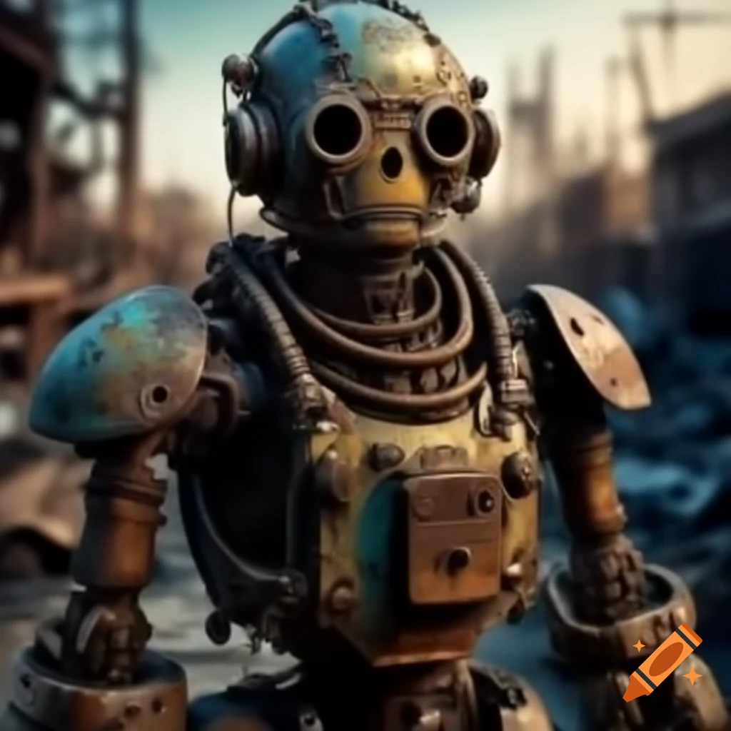 Abandoned steampunk enforcer robot rusting in junkyard