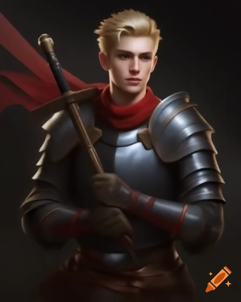 Handsome young man in fantasy steel armor with sword and falcon