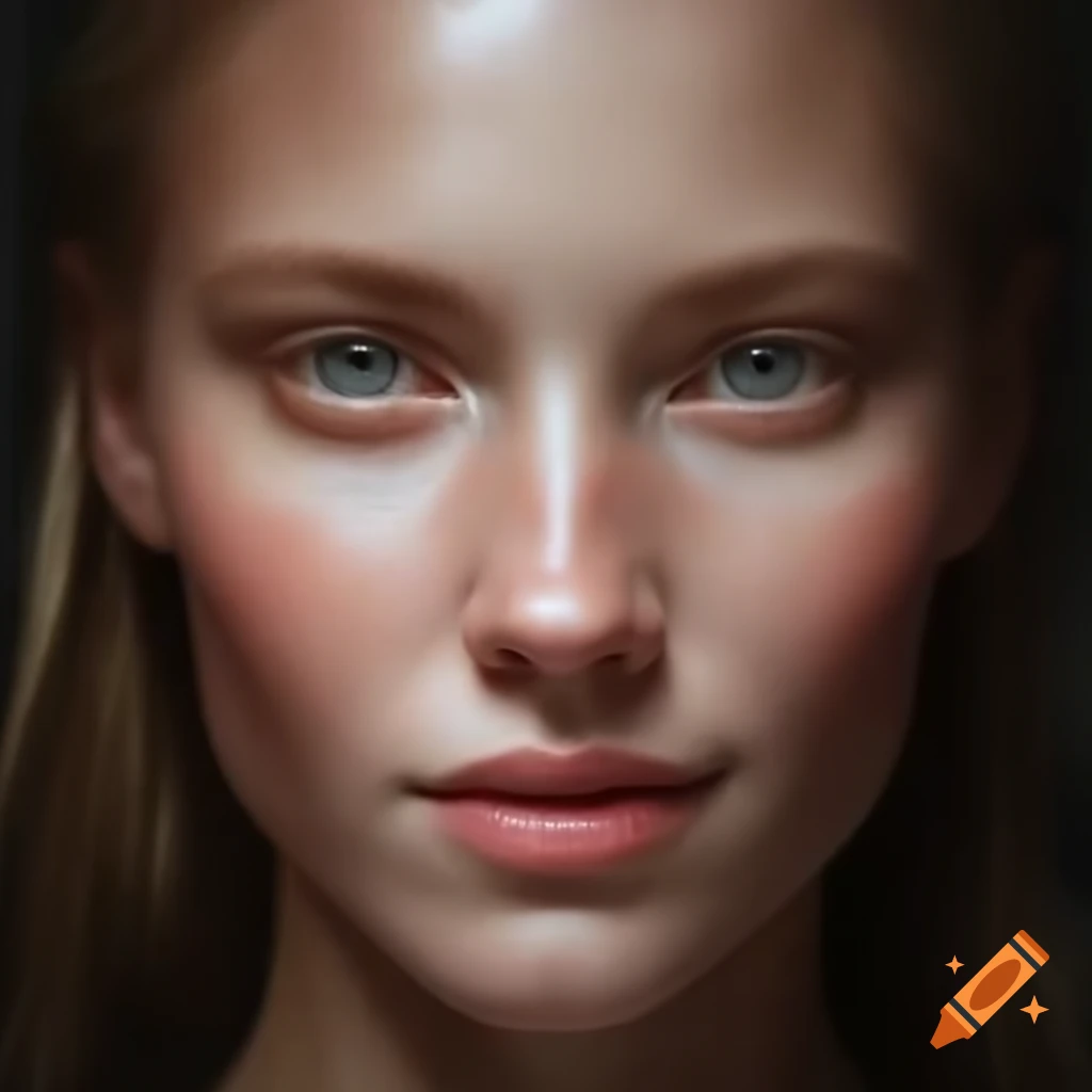 Portrait of woman with pointed chin, small lips, rounded nose, and shy smile, featuring long dirty blonde hair