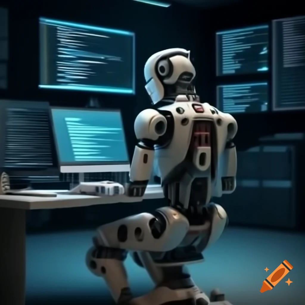 Futuristic robot coding on screens filled with JavaScript code, seen from behind