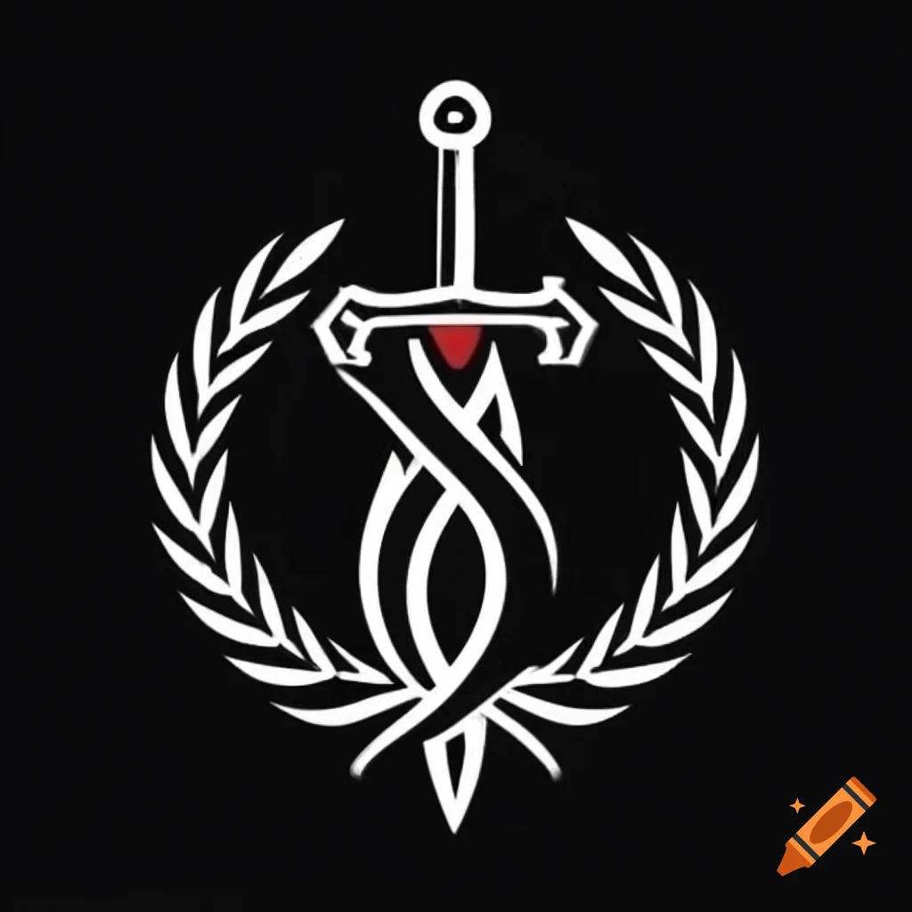Abstract logo featuring sword and olive branch with team elements