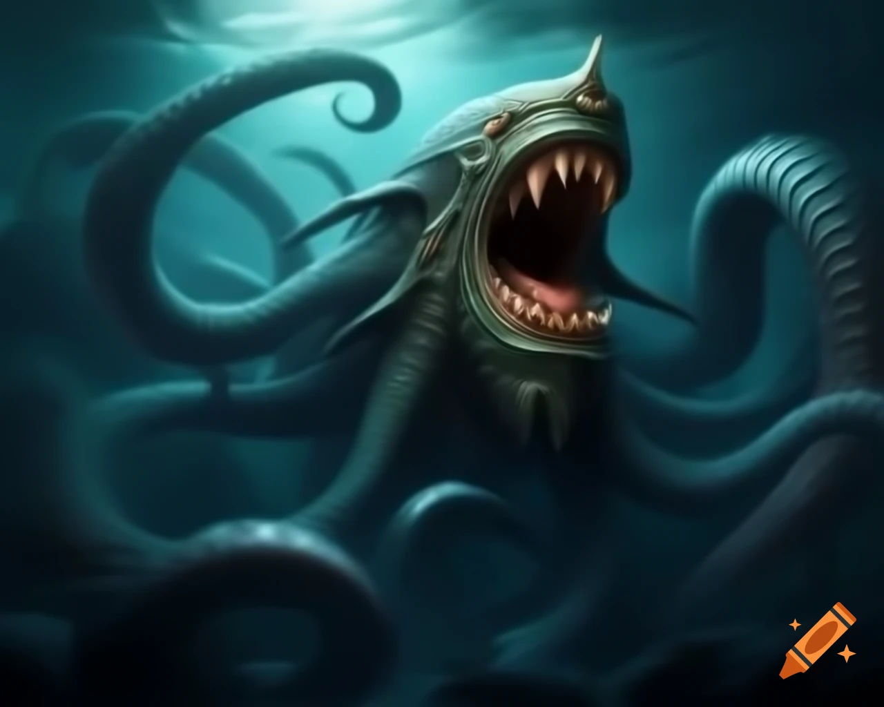 Pirate ship attacked by gigantic sea monster with sharp tentacles