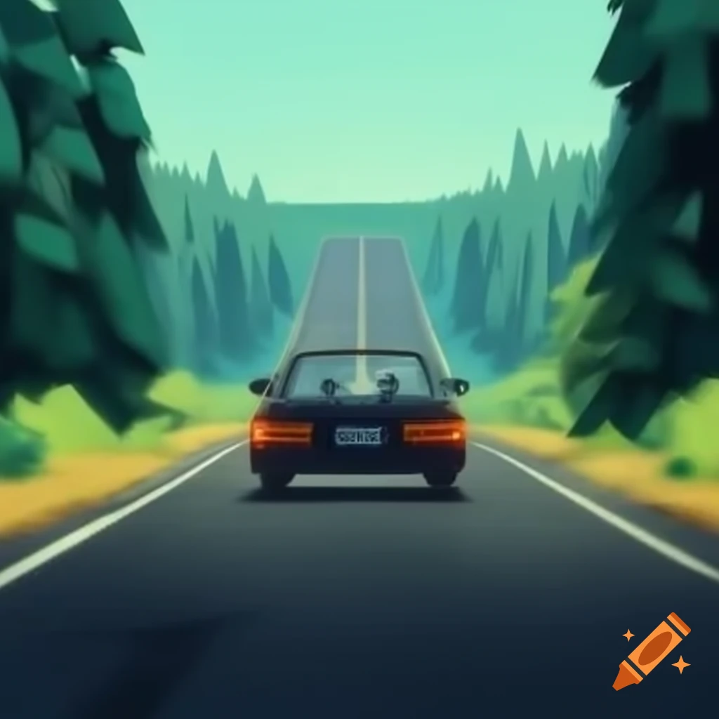 Cartoon car driving on long road