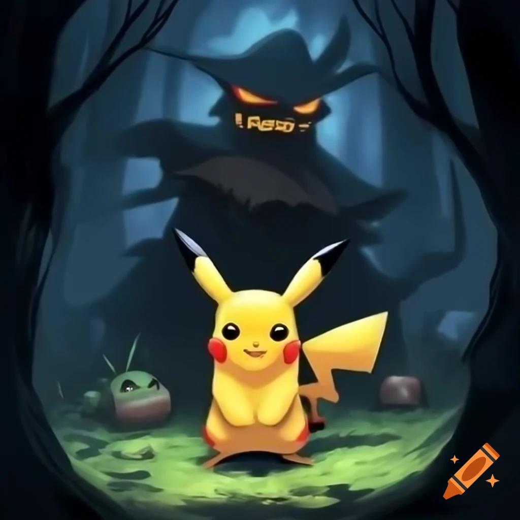 Pikachu in a spooky haunted forest setting