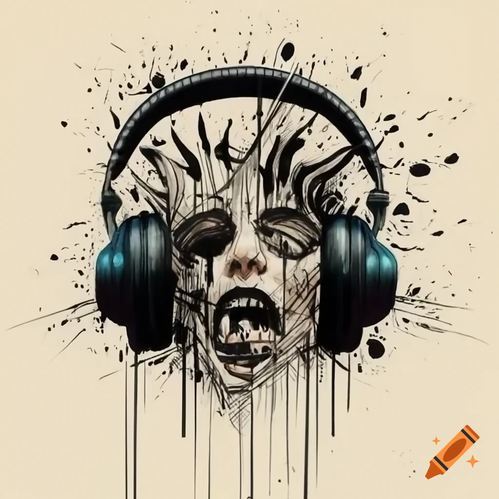 Chaotic drawing of broken headphones with music notes and sound waves, art brut and dadaism style
