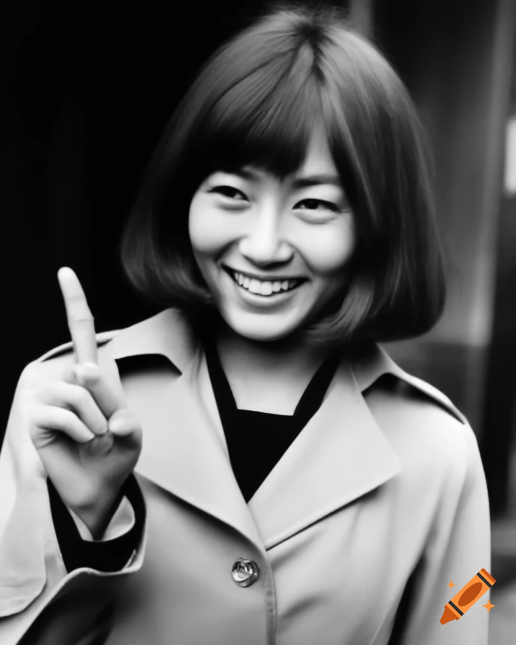 Vintage photo of smiling Japanese actress in 1960 street style with peace sign