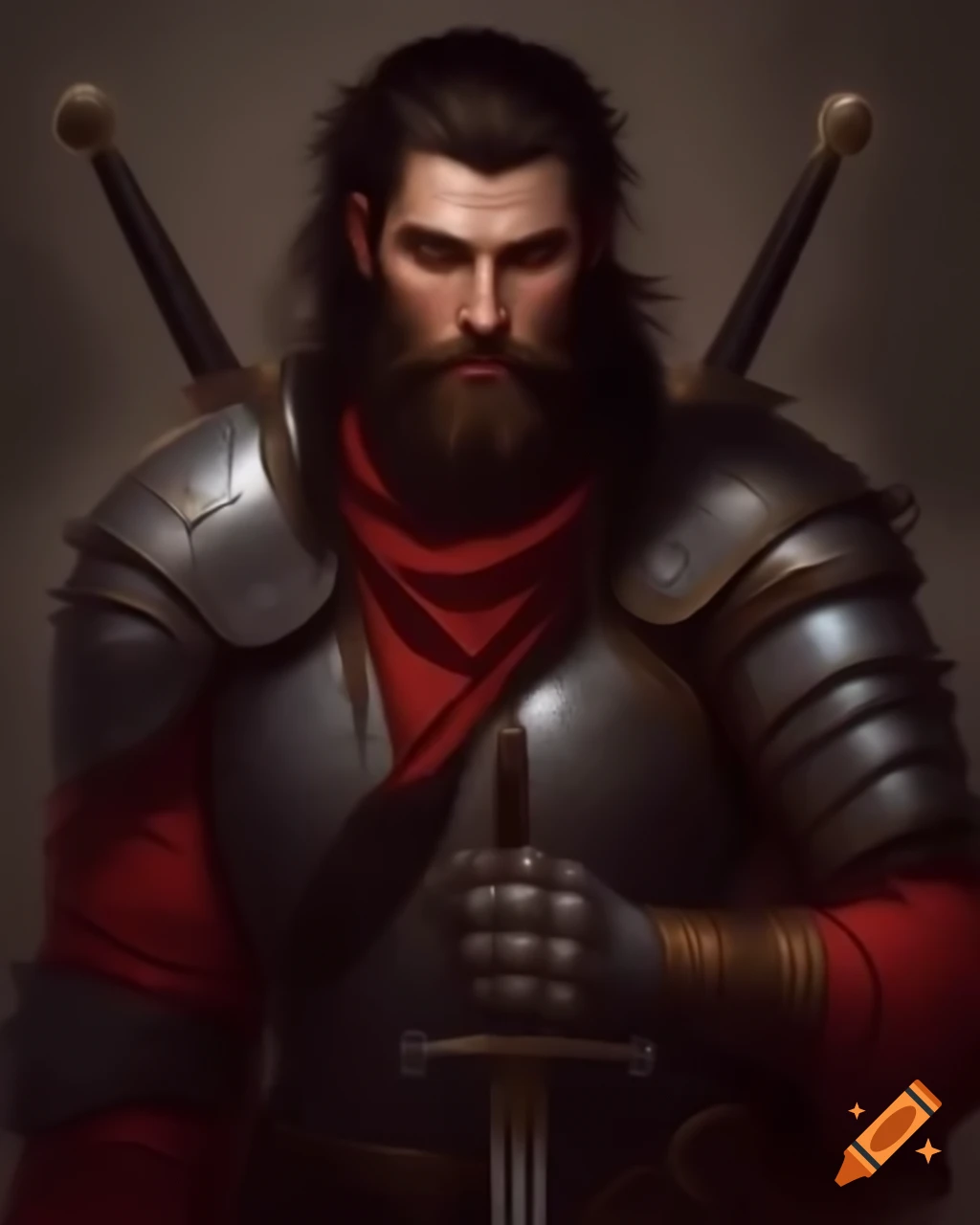 Handsome young adult male in fantasy armor with sword and shield