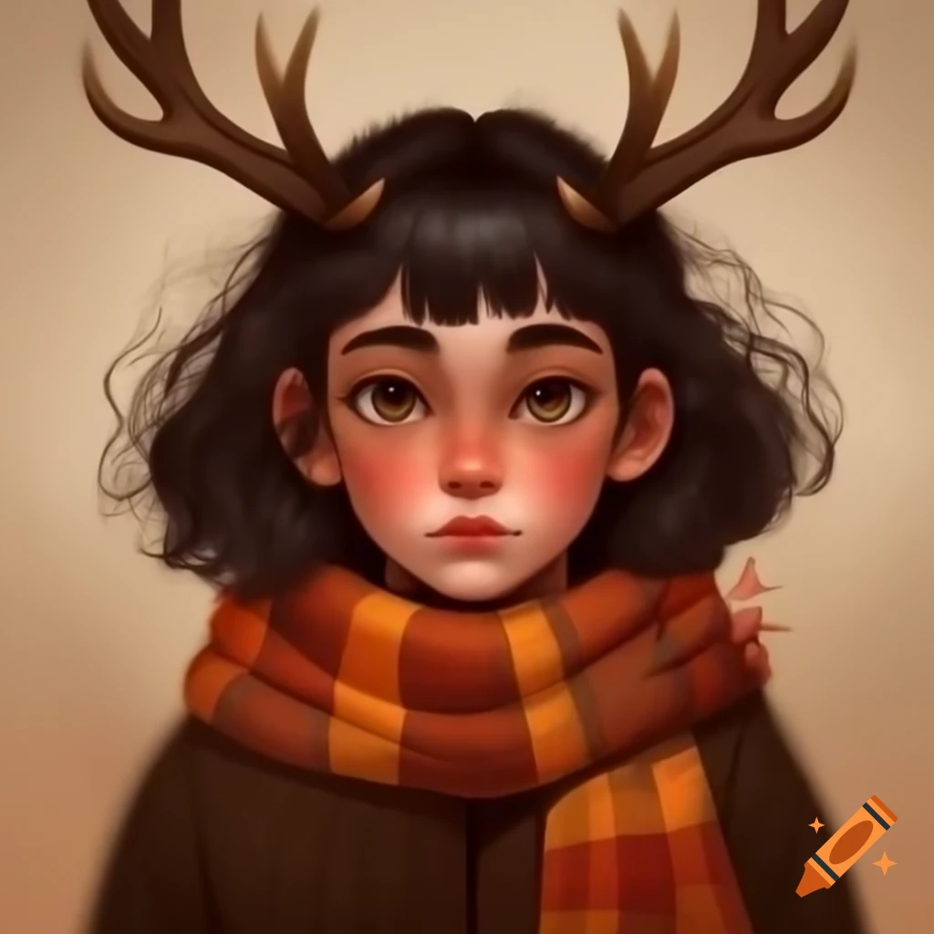 Semi-realistic girl with antlers and scarf in autumn colors