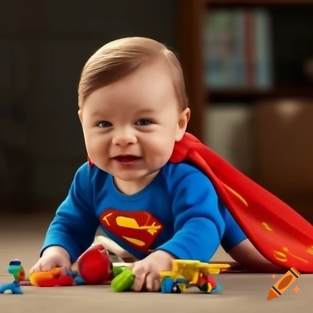 Realistic baby Superman playing with toys