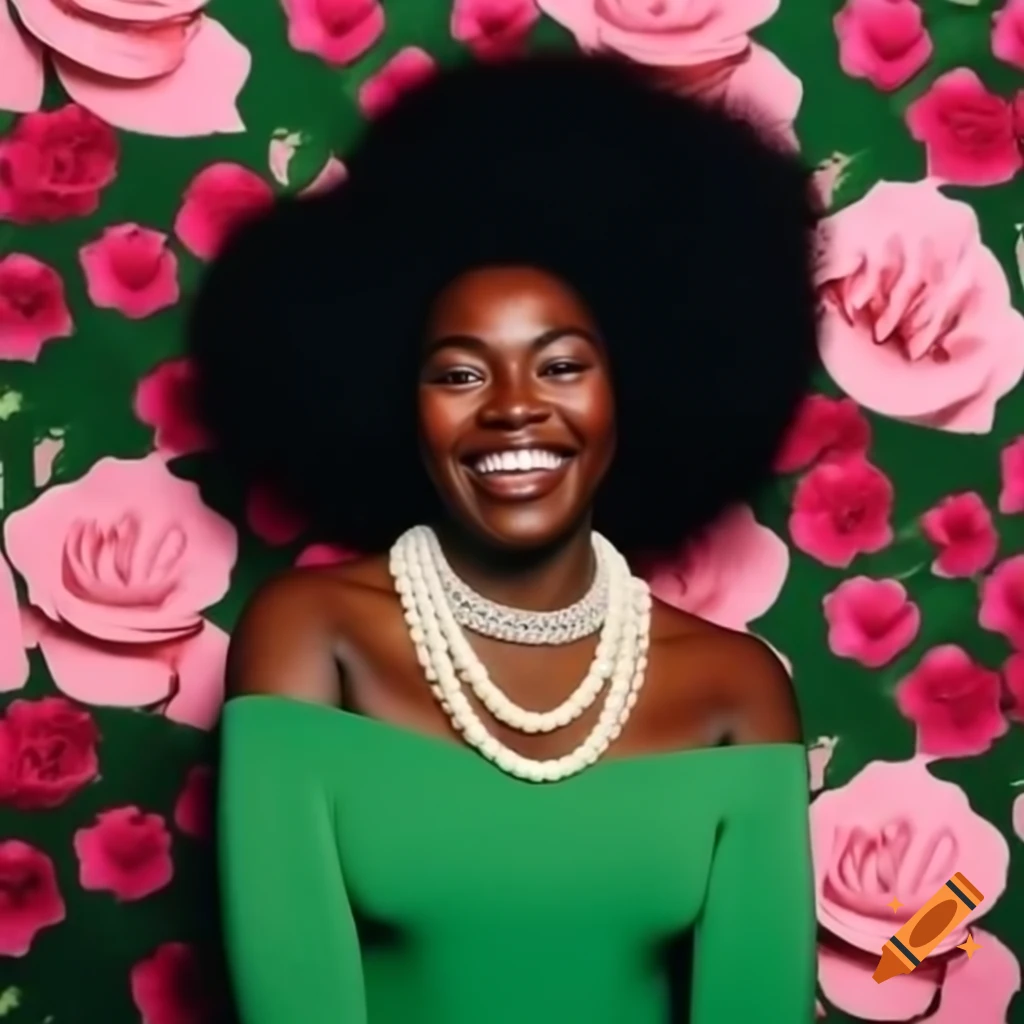 Black woman in green dress and pearl necklace smiling with pink rose background