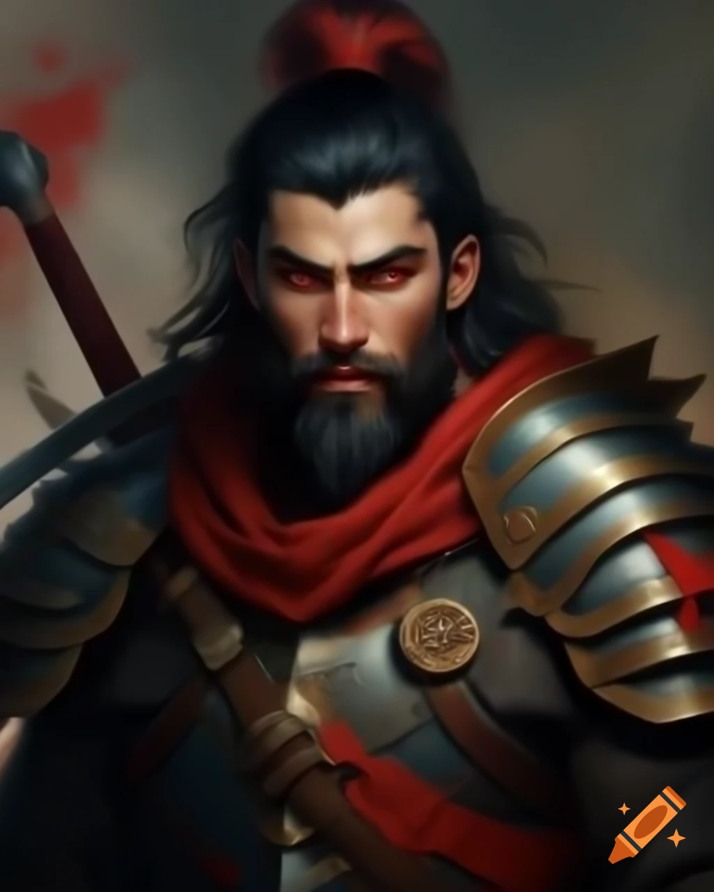 Handsome young adult male in fantasy steel armor with red highlights and long black hair, holding a sword and shield