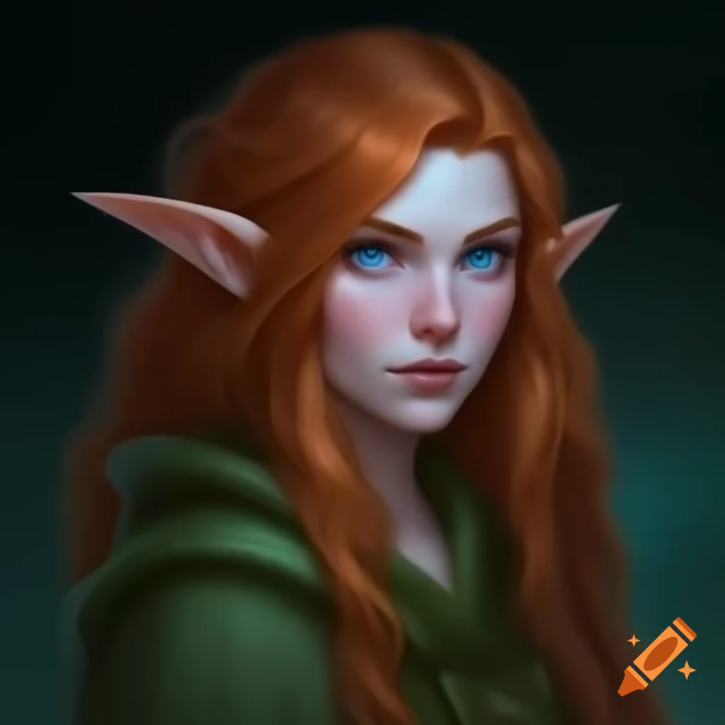 Druid woman with dark ginger hair and blue eyes, dressed in green robe