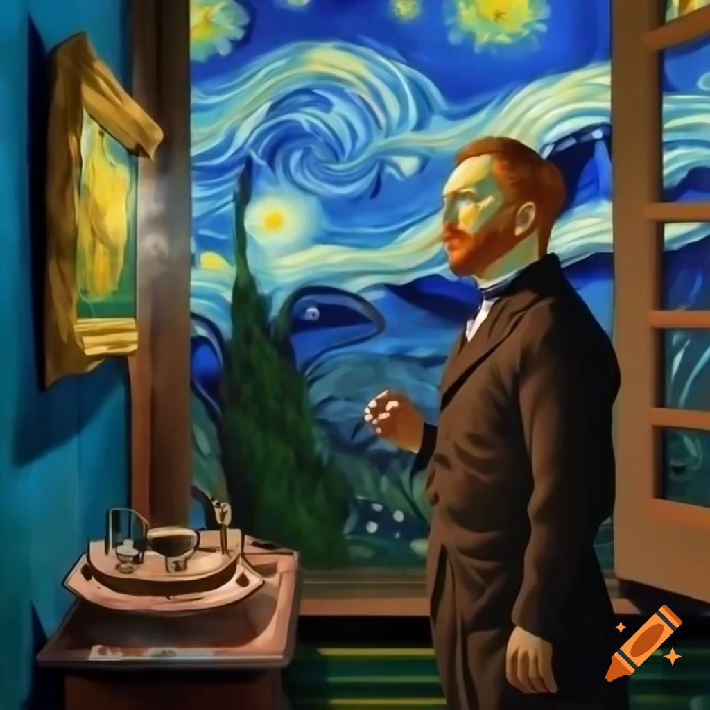 Van Gogh standing on palace balcony overlooking houses