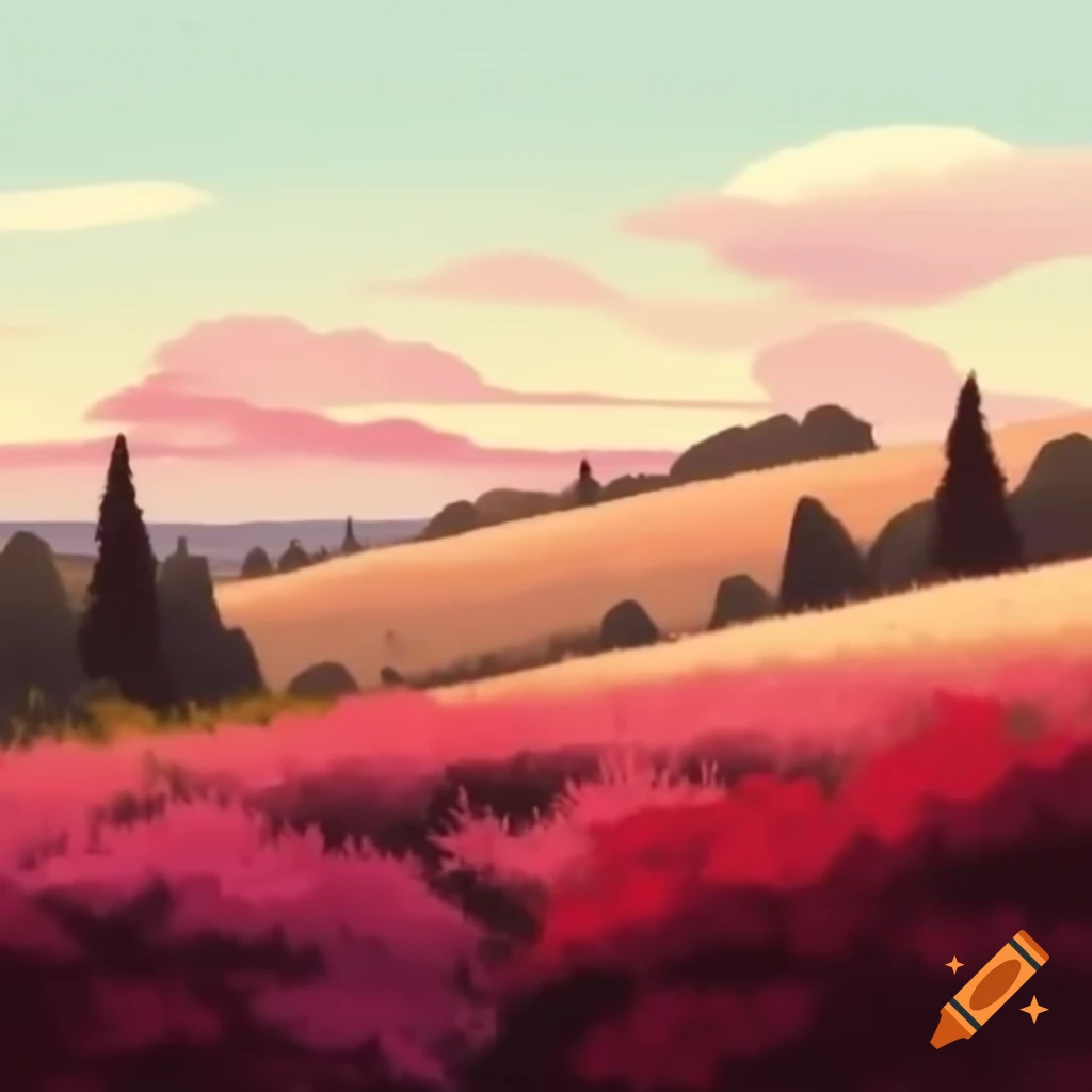 Landscape with low hills, sparse vegetation, and flowering azalea bush