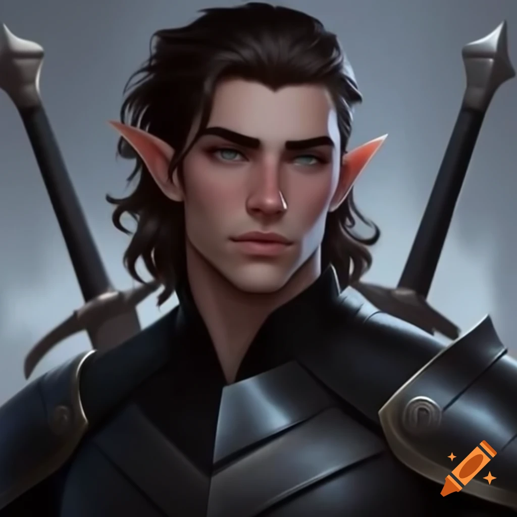 Male elf rogue in black leather armor with moon-themed embroidery and stylish glasses