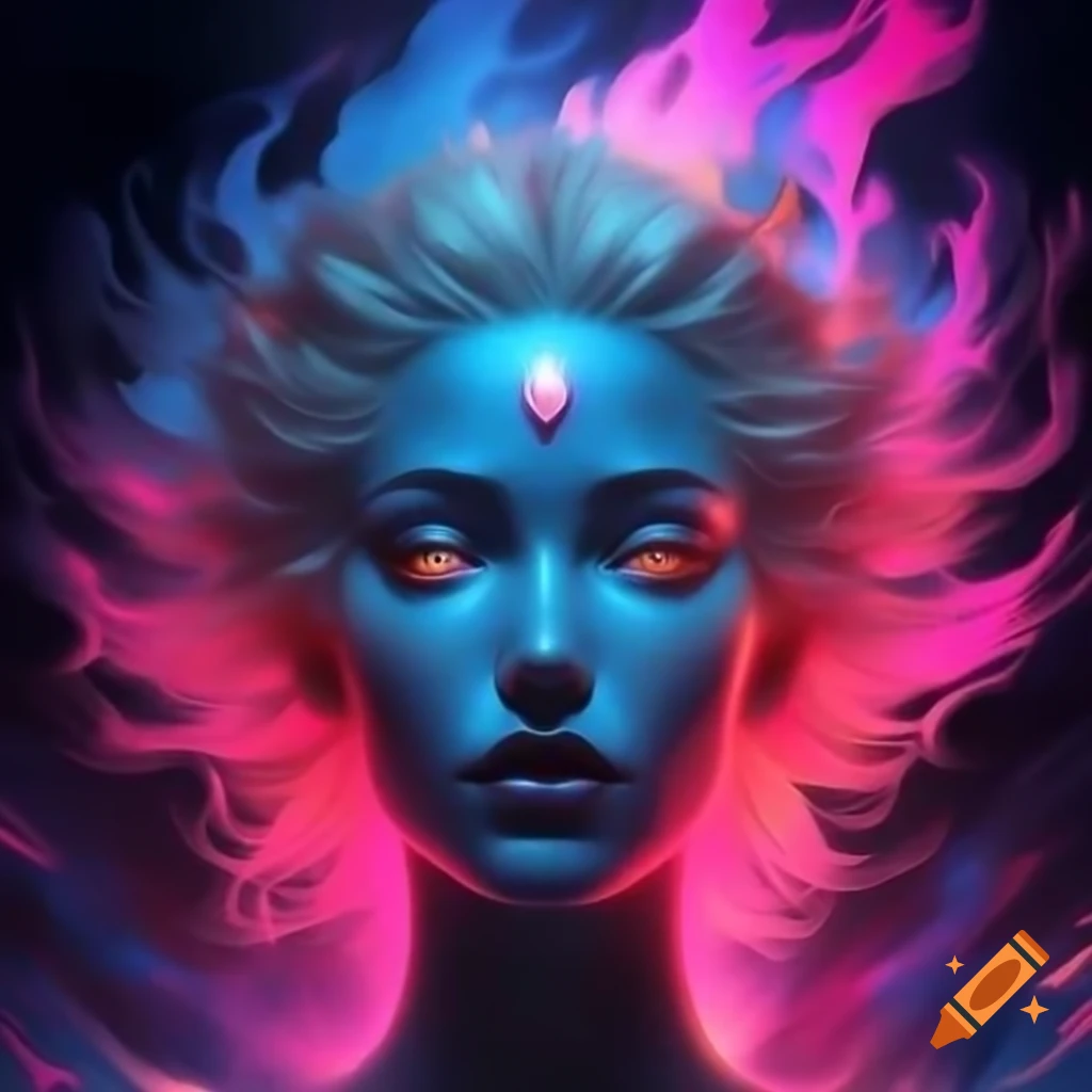 Theia, goddess of light, depicted with fiery blonde hair and majestic blue and pink tones