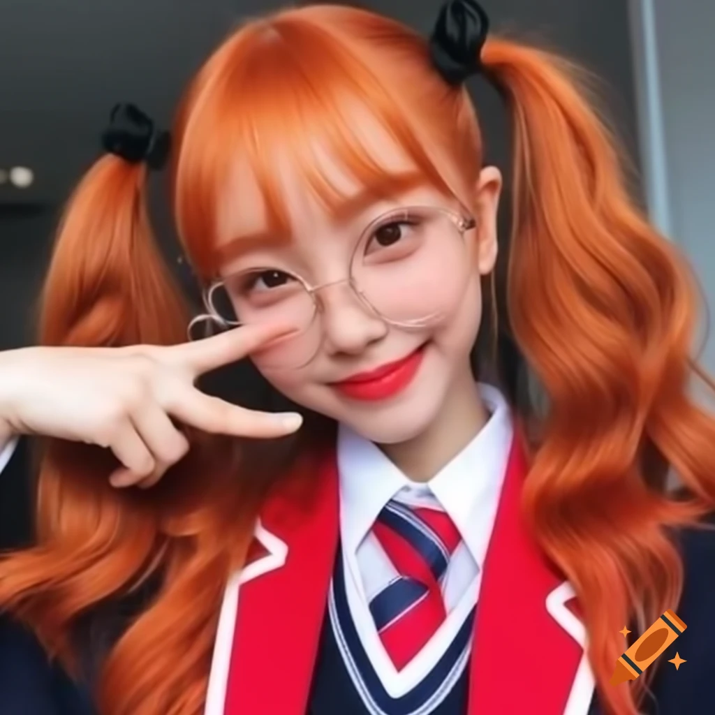 Ginger haired woman with pigtails and braces dancing in school outfit, wearing round glasses
