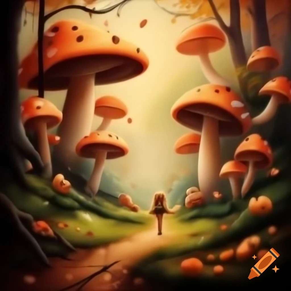Forest of large mushrooms with elf girl walking on path in autumn colors