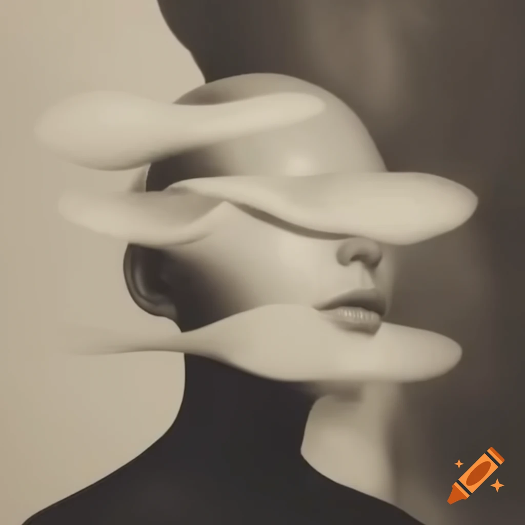 Surrealist artwork in white, black, grey, and sepia tones