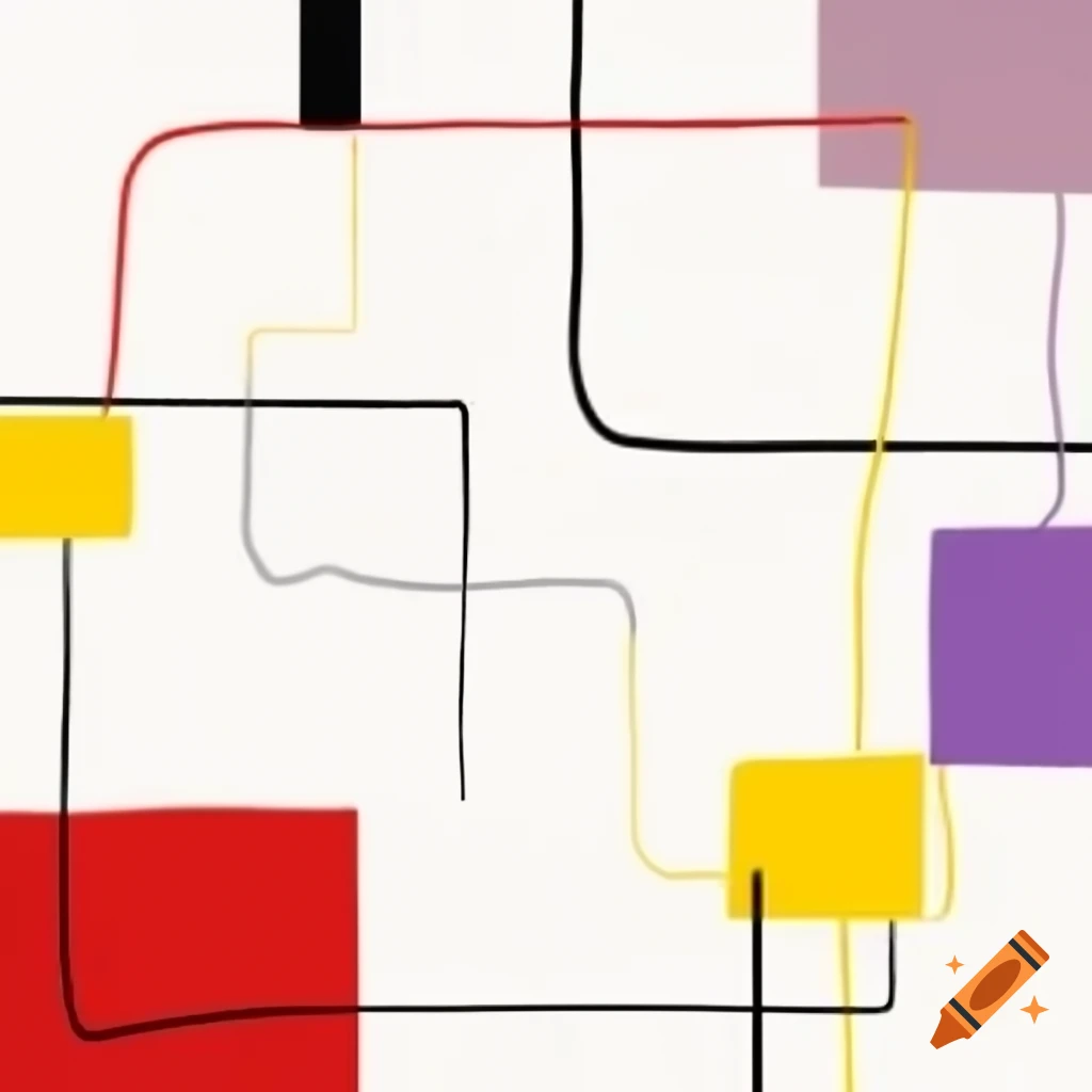 Abstract art with thin lines and geometric shapes in red, yellow, black, and purple on white background