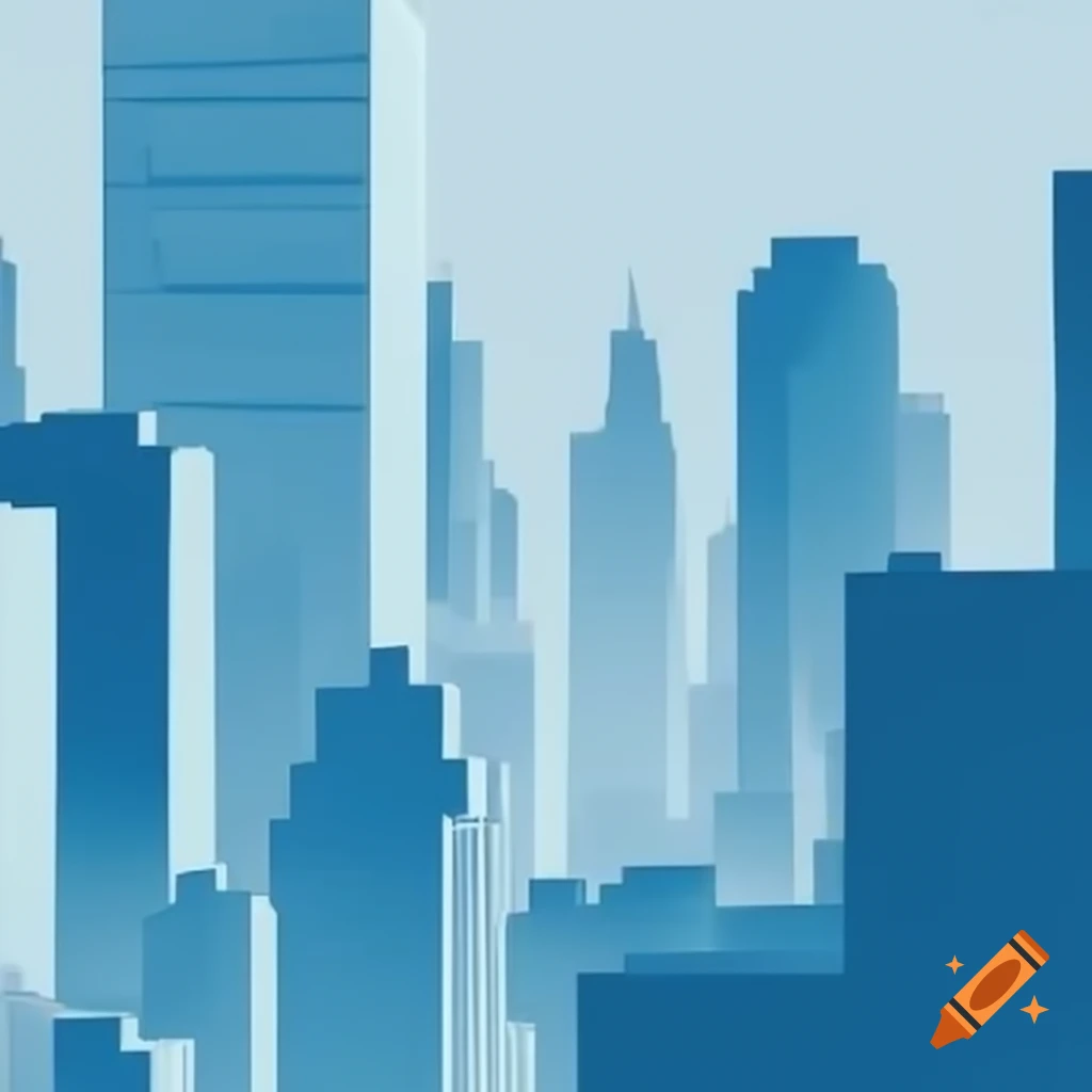 Contemporary art cover featuring mid-century modern city skyline in monochrome with light blue