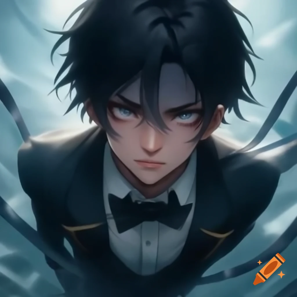 Youth in tuxedo with slicked back black hair, inspired by Hunter x Hunter