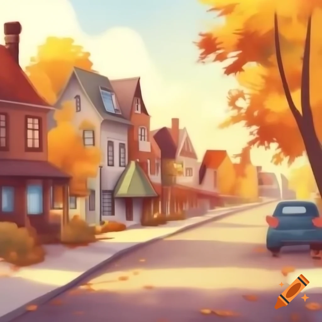 Cozy town houses and street in autumn colors, afternoon scene