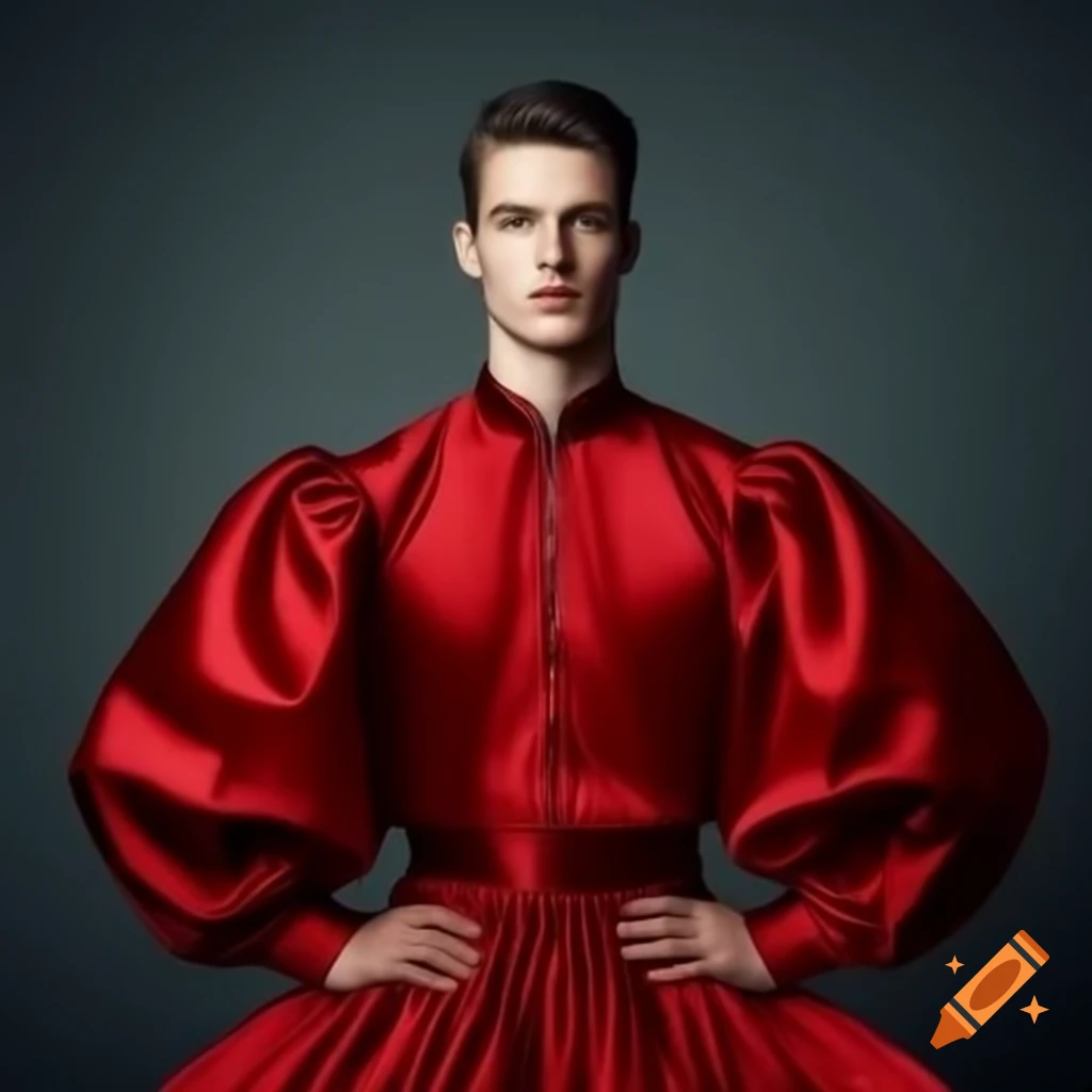 Handsome young man in red satin floor-length dress with high collar and long sleeves