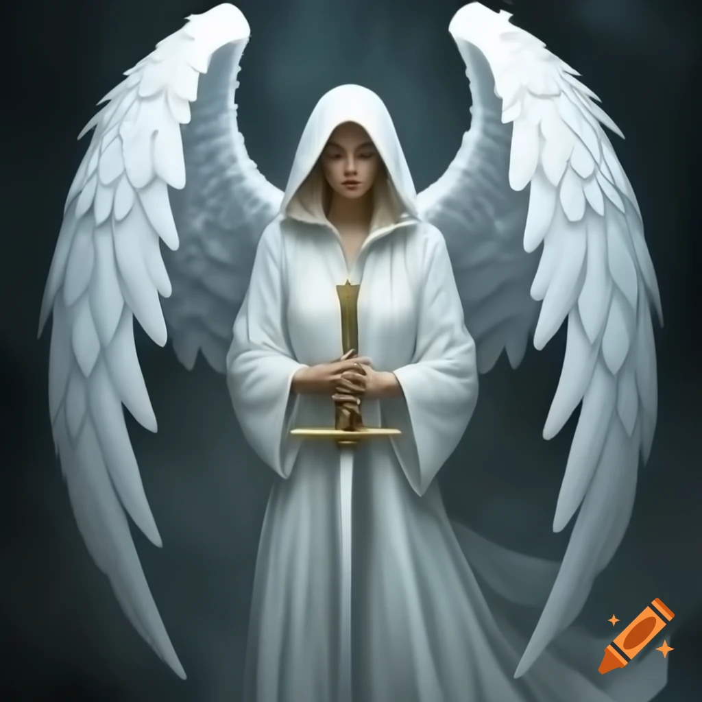 White angel with wings, hood, and sword