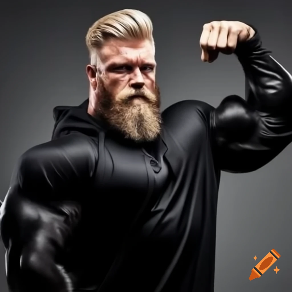 Muscular man flexing biceps in black hoodie