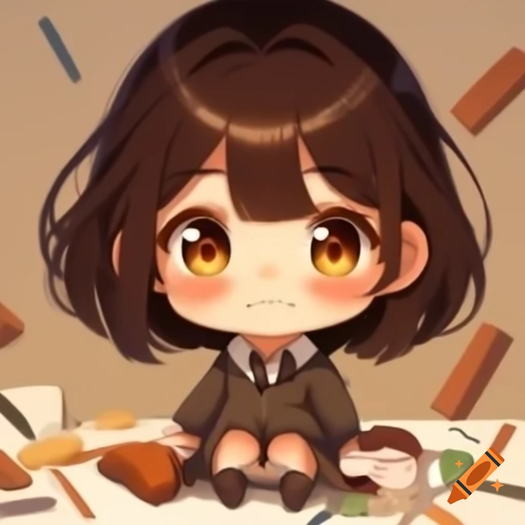 Chibi anime girl with brown hair in artistic style