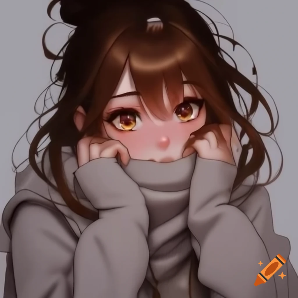 Shy anime woman with brown hair in messy bun wearing hoodie and scarf, blushing
