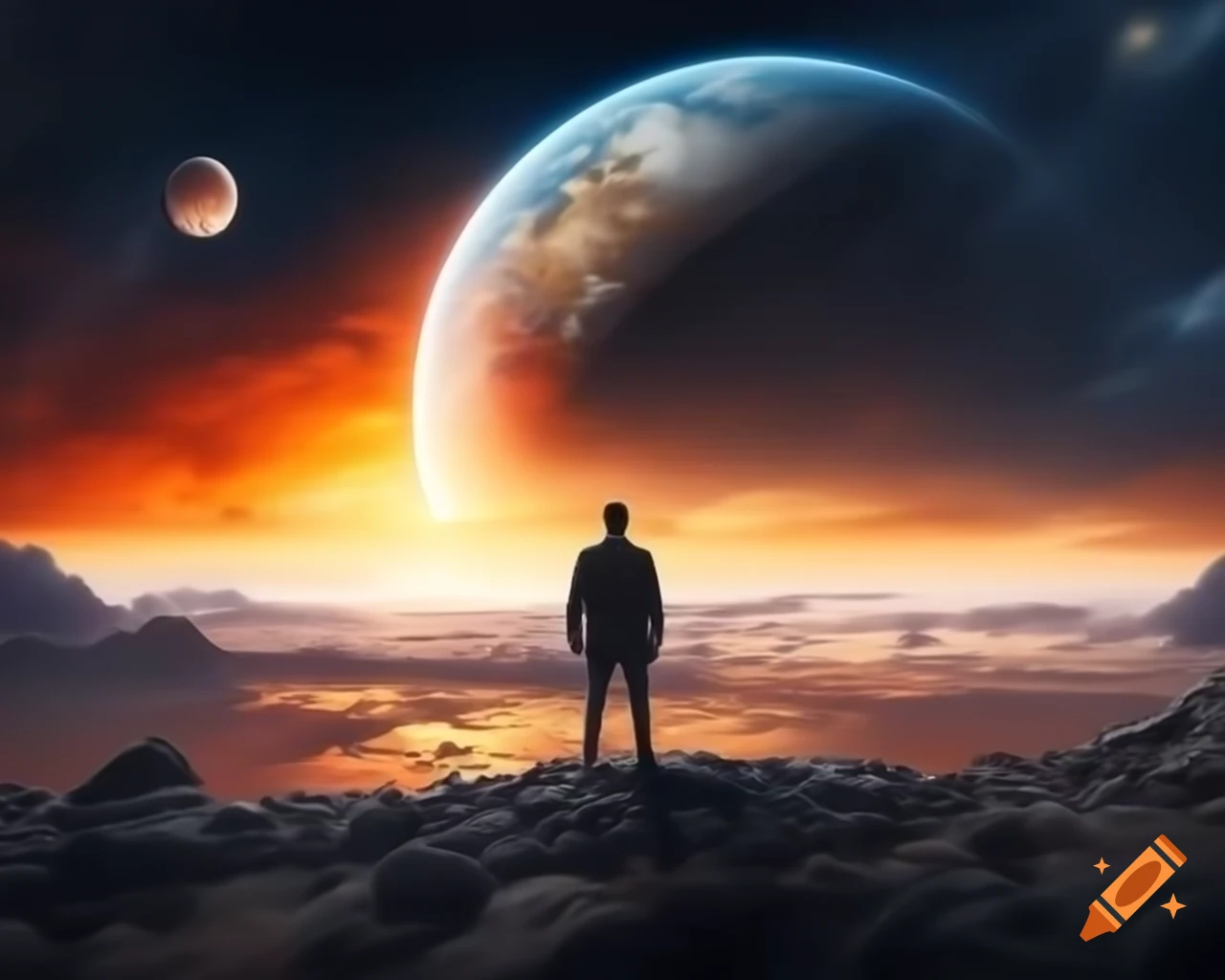 Man facing alien planet at dawn