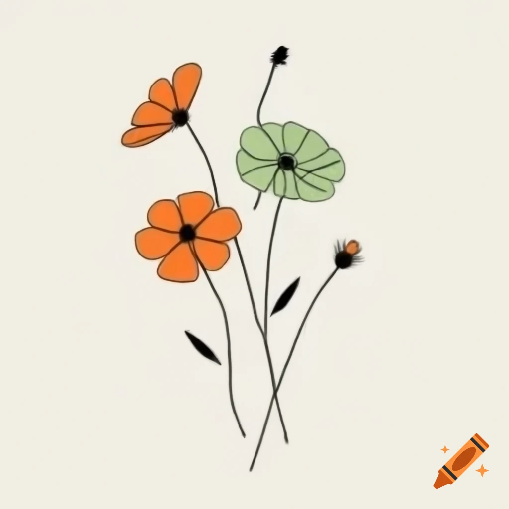 Minimalist black line drawing of cosmos flowers and branches in orange and green