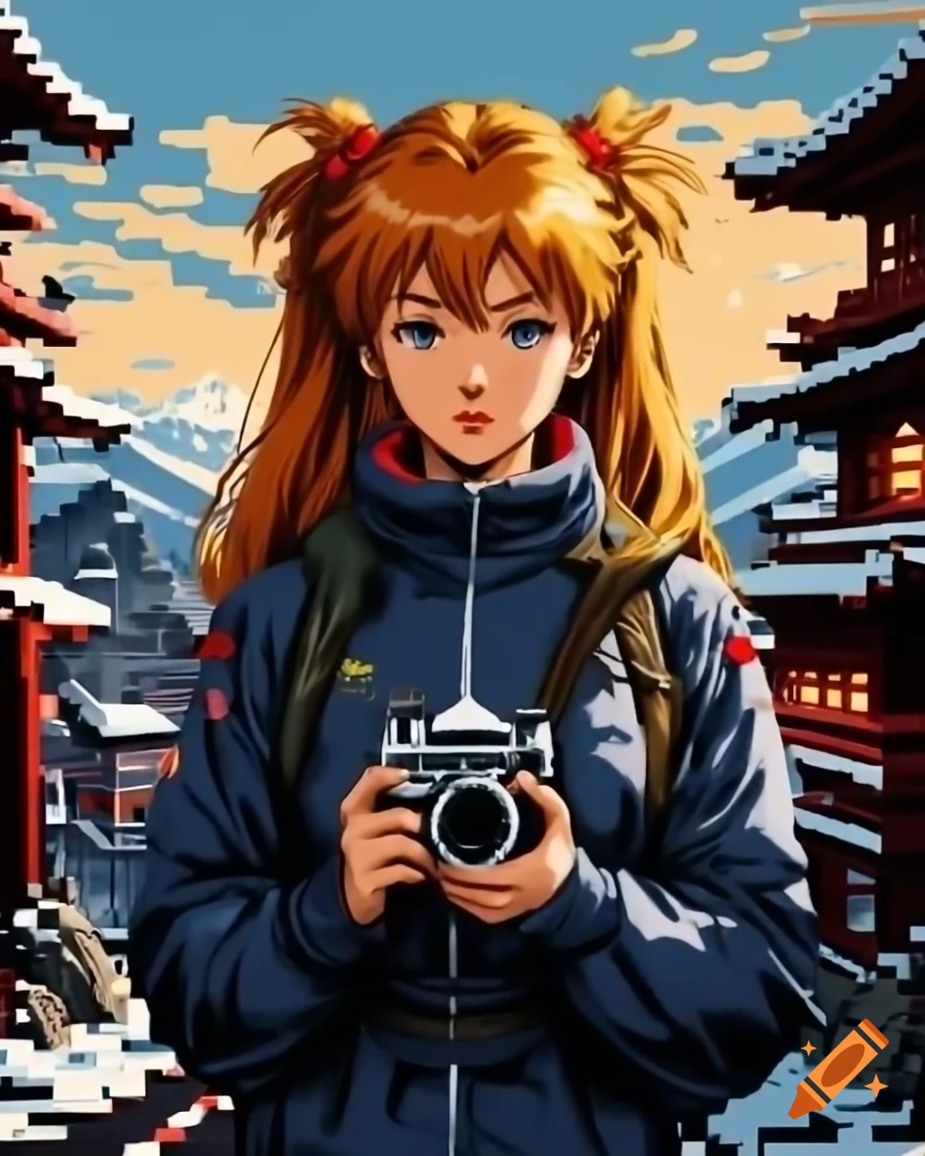 Asuka Langley cosplay actress with Polaroid camera in snowy Japanese town