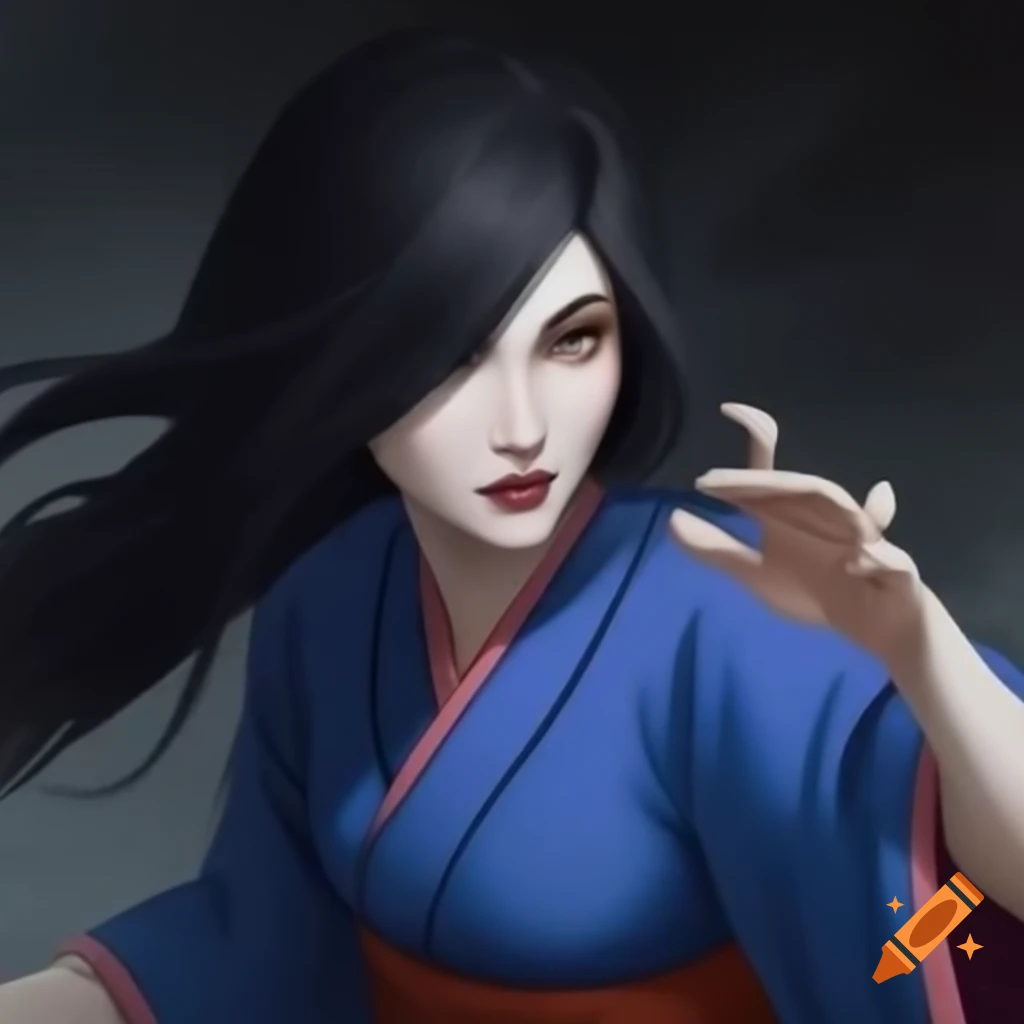 Blind woman in blue kimono with long black hair and white eyes