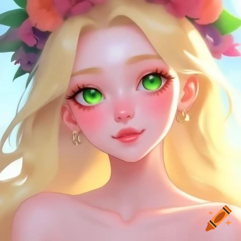 Anime-style portrait of woman with flower crown and serene expression